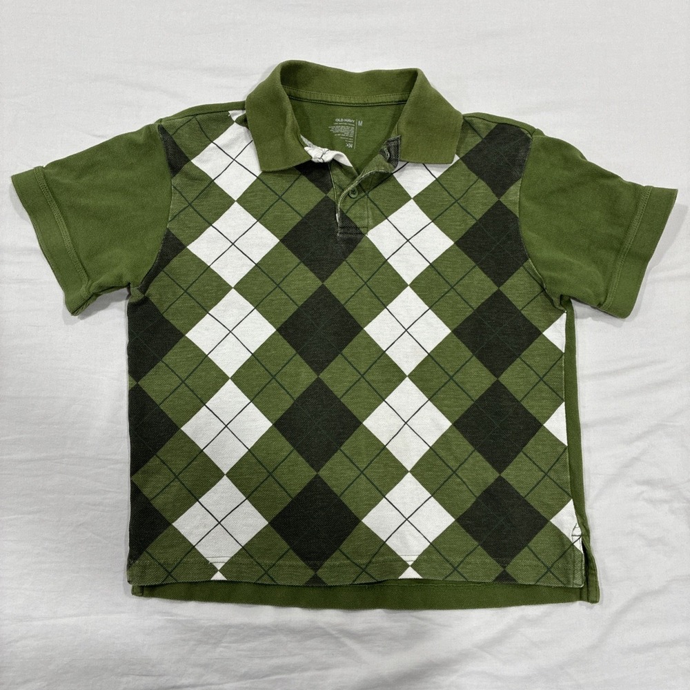 Old Navy Polo Shirt Women's Medium Green Argyle Print Cropped Y2K - Picture 1 of 9